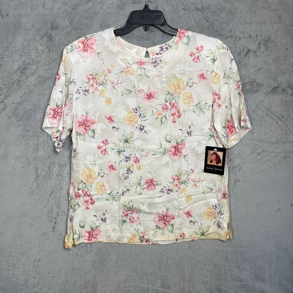 Vintage 90s Cottagecore Floral Rayon Short Sleeve Blouse Large Romantic Feminine